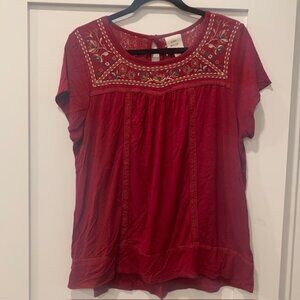 Knox Rose Red Embroidered Boho Top Size Large